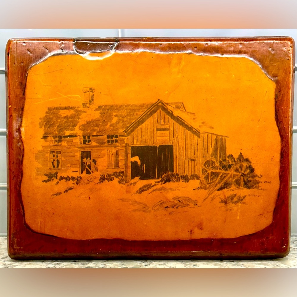 Vintage Shellac Wood Art, Barn Sketch, Signed M Ward, 13”x10”